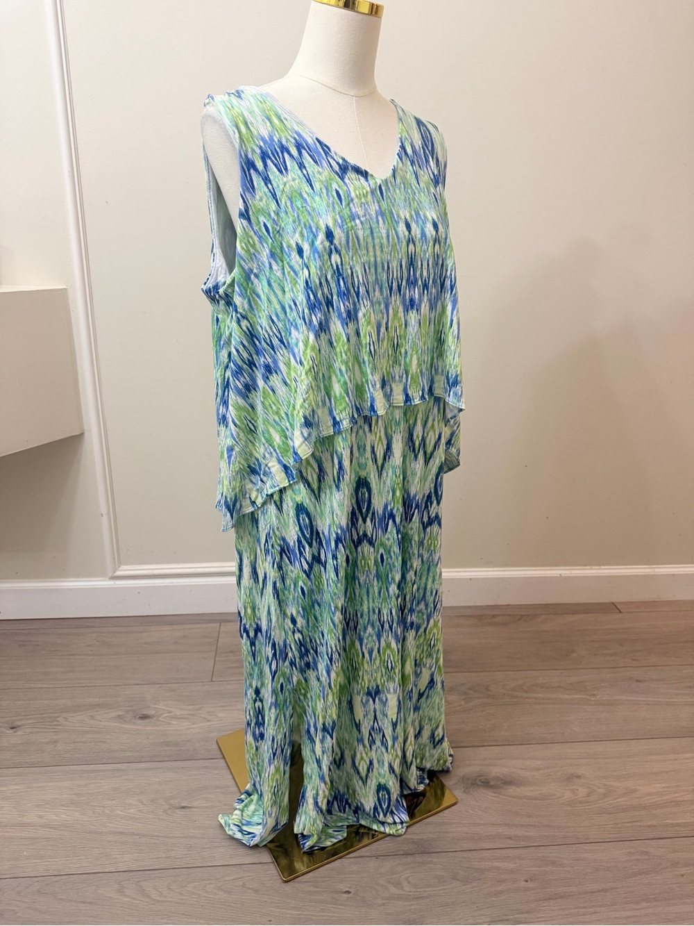 Chico's Sleeveless V-Neck Maxi Dress in Blue and Green Ikat Print - Picture 5 of 7